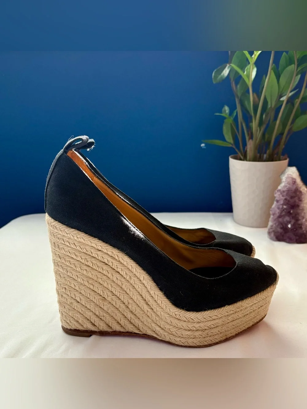 Christian Louboutin Black Canvas Almond Toe Platform Espadrille Wedges 41